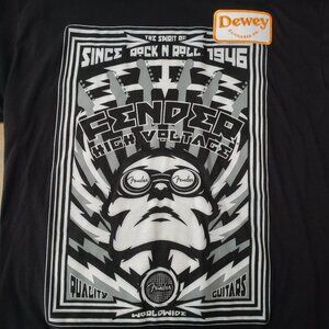 FENDER High Voltage Time Traveller Rock Music Shirt with Dewey Cannabis Co Patch